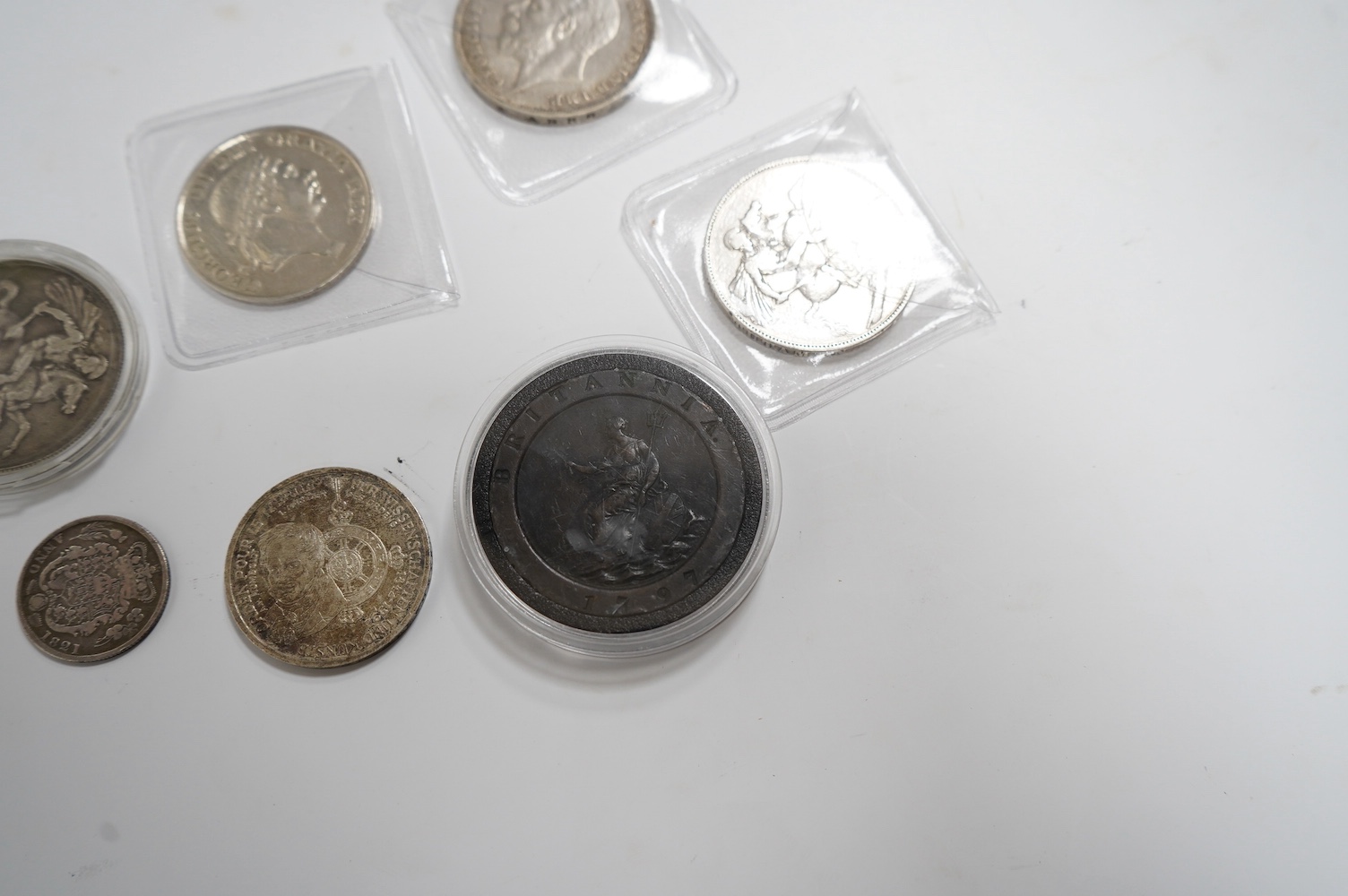 British silver coins, 1822 crown, 1896 crown, 1935 crown, 1797 2d etc. 1811 bank token together with a George III cartwheel twopence, Soho mint, fine or better